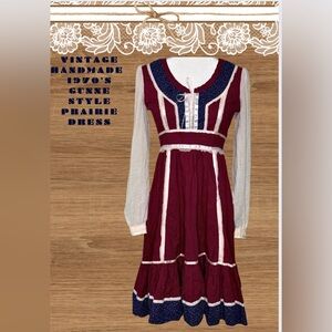 Vintage 1970s - handmade- Gunne Sax Inspired Prairie Dress calico, lace up front